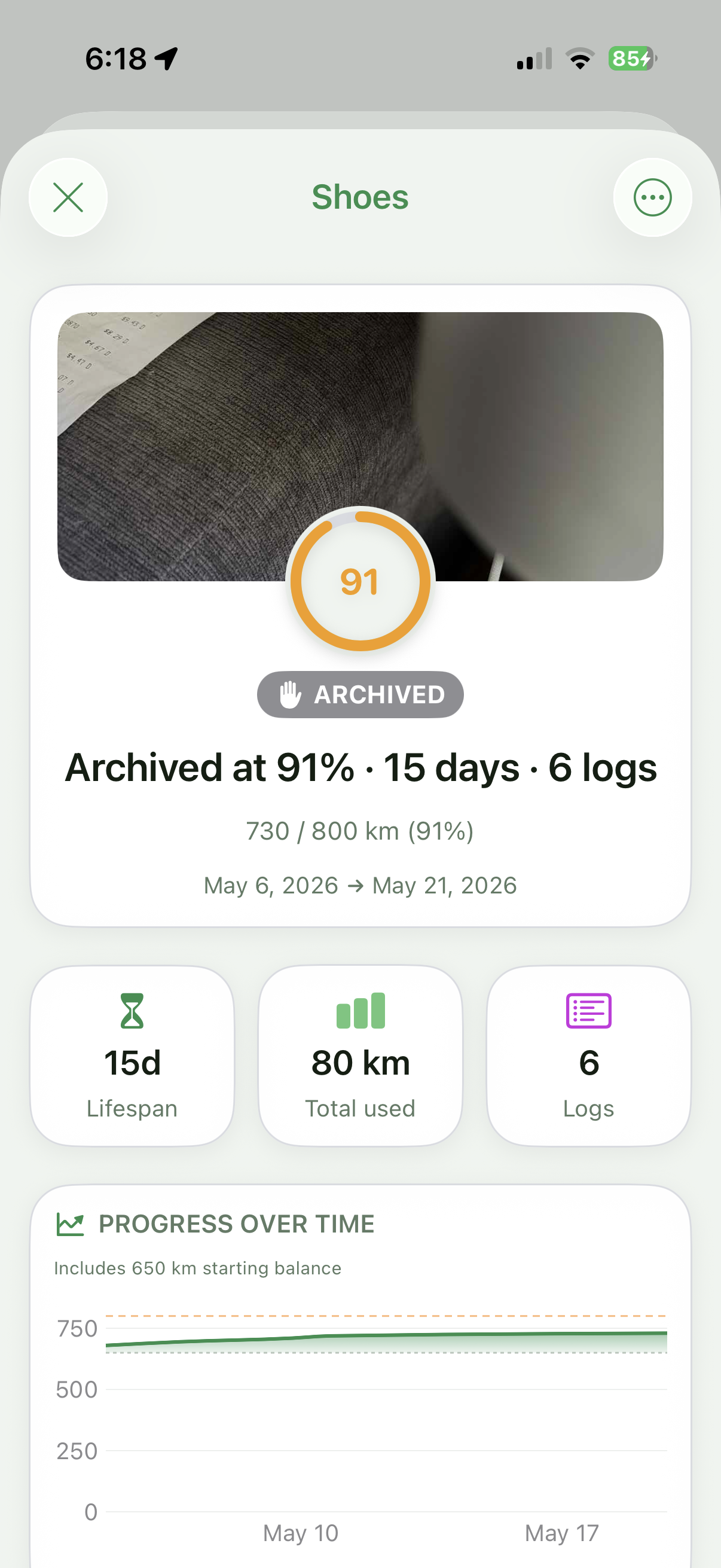 Archived item detail with progress chart and stats