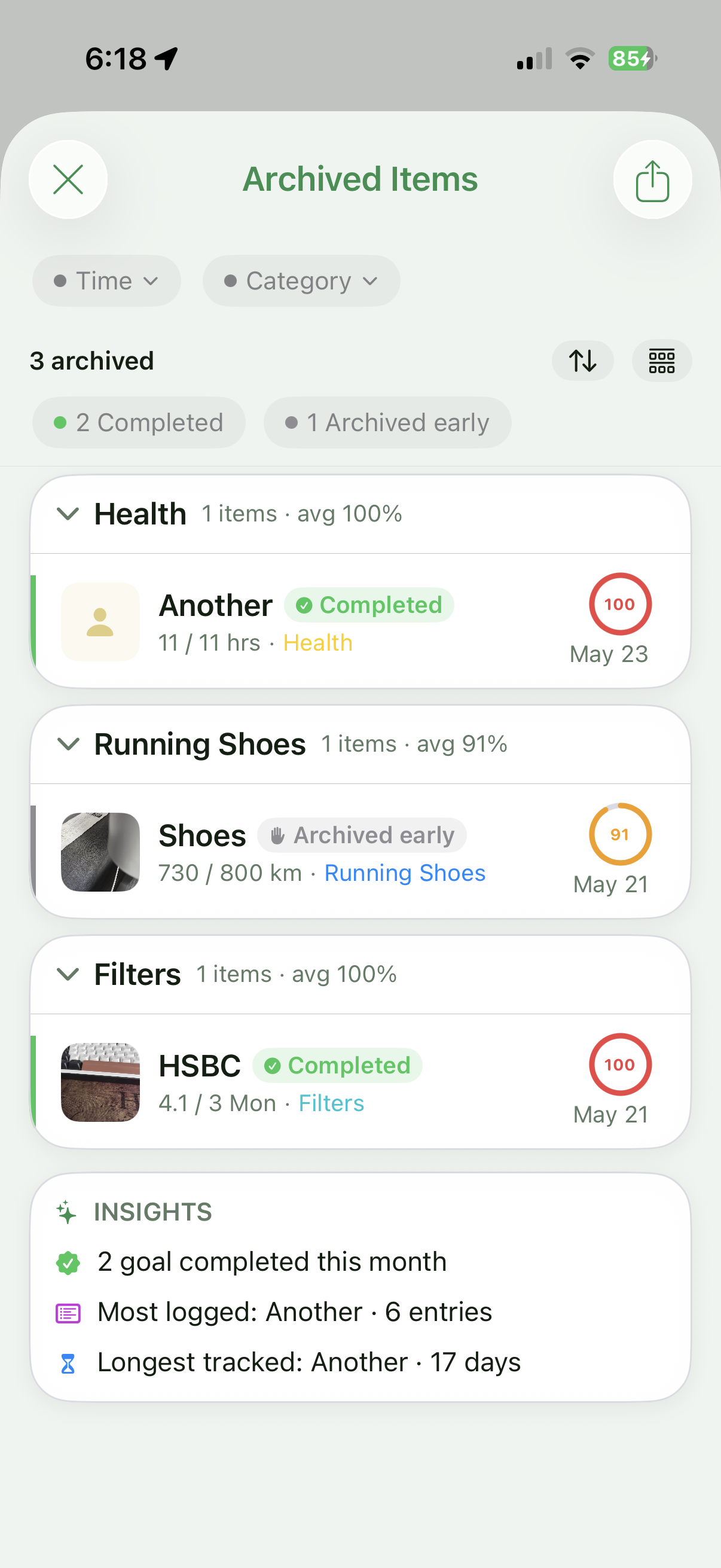 Archived items grouped by category