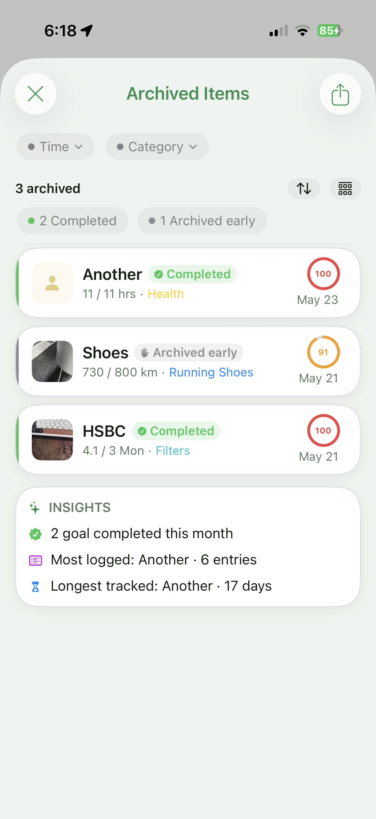 Archived items list