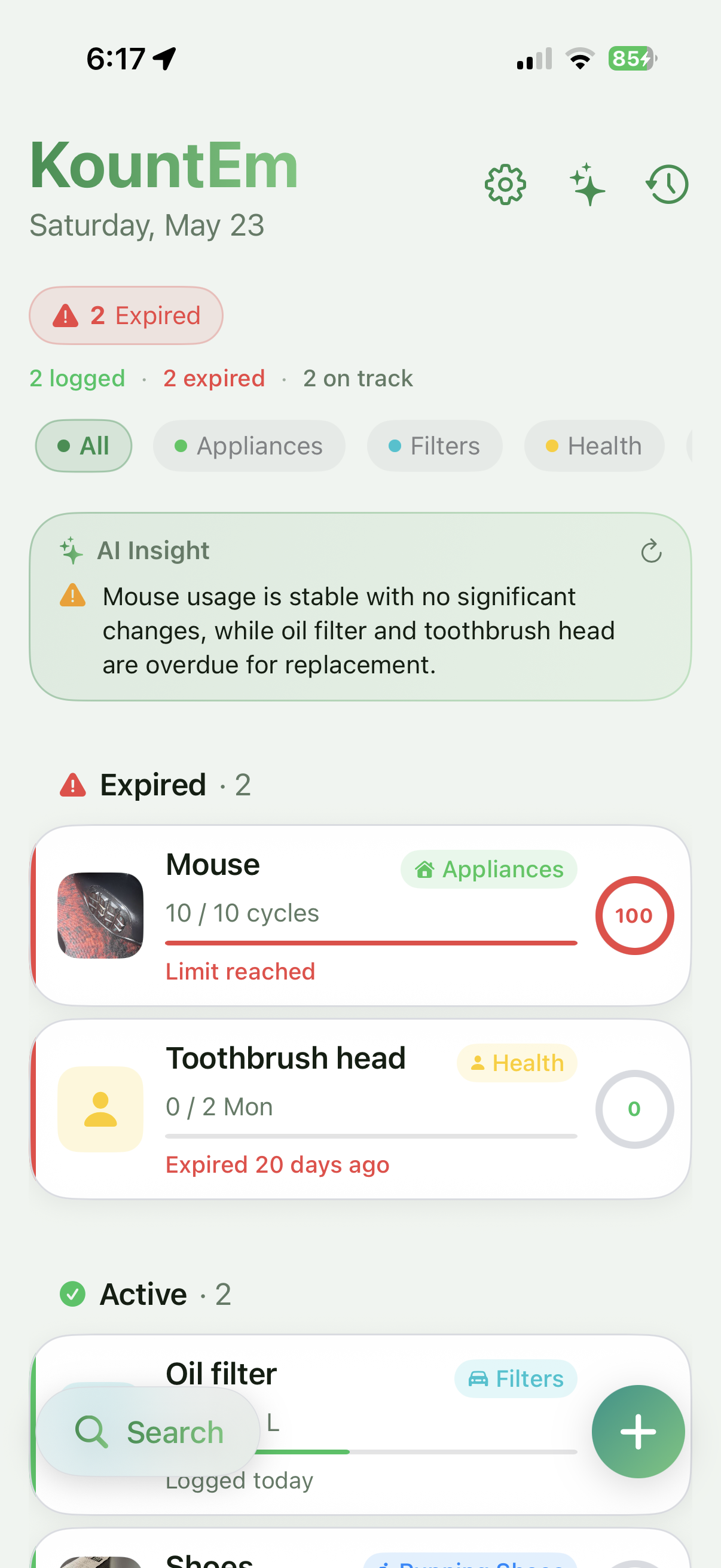 KountEm dashboard showing tracked items with progress rings