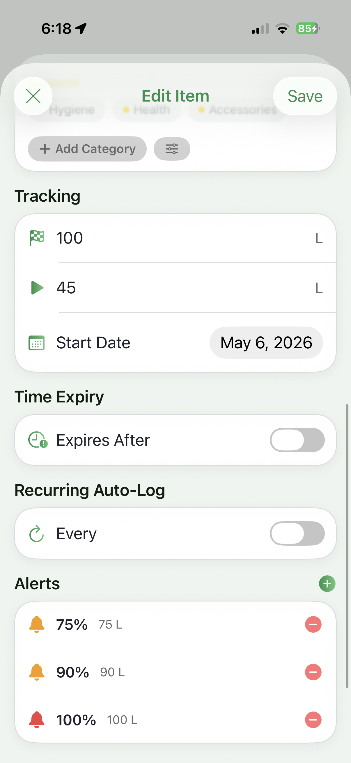 Edit item — tracking and alerts