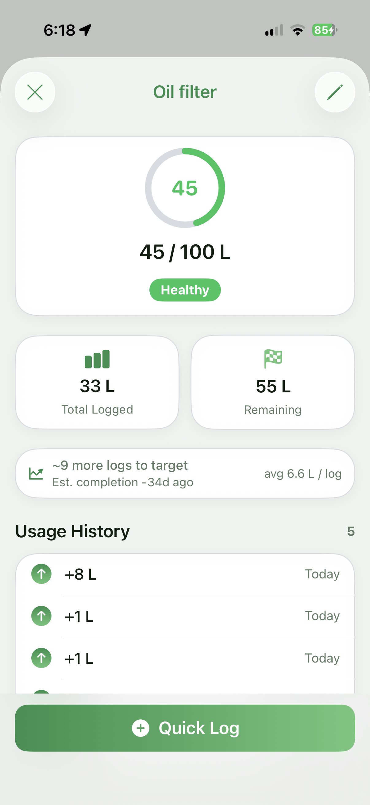 Tracked item detail with progress ring and usage history